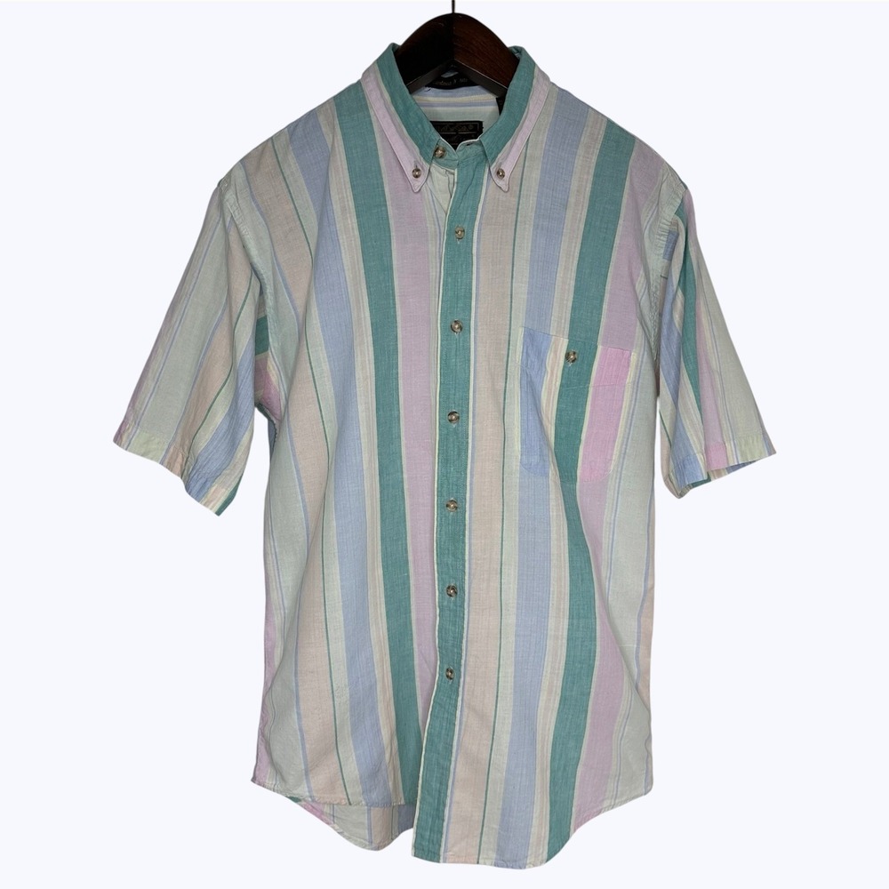 Vtg Eddie Bauer Button Down Shirt Pastel Striped Short Sleeve Spring‎ 90s Sz M